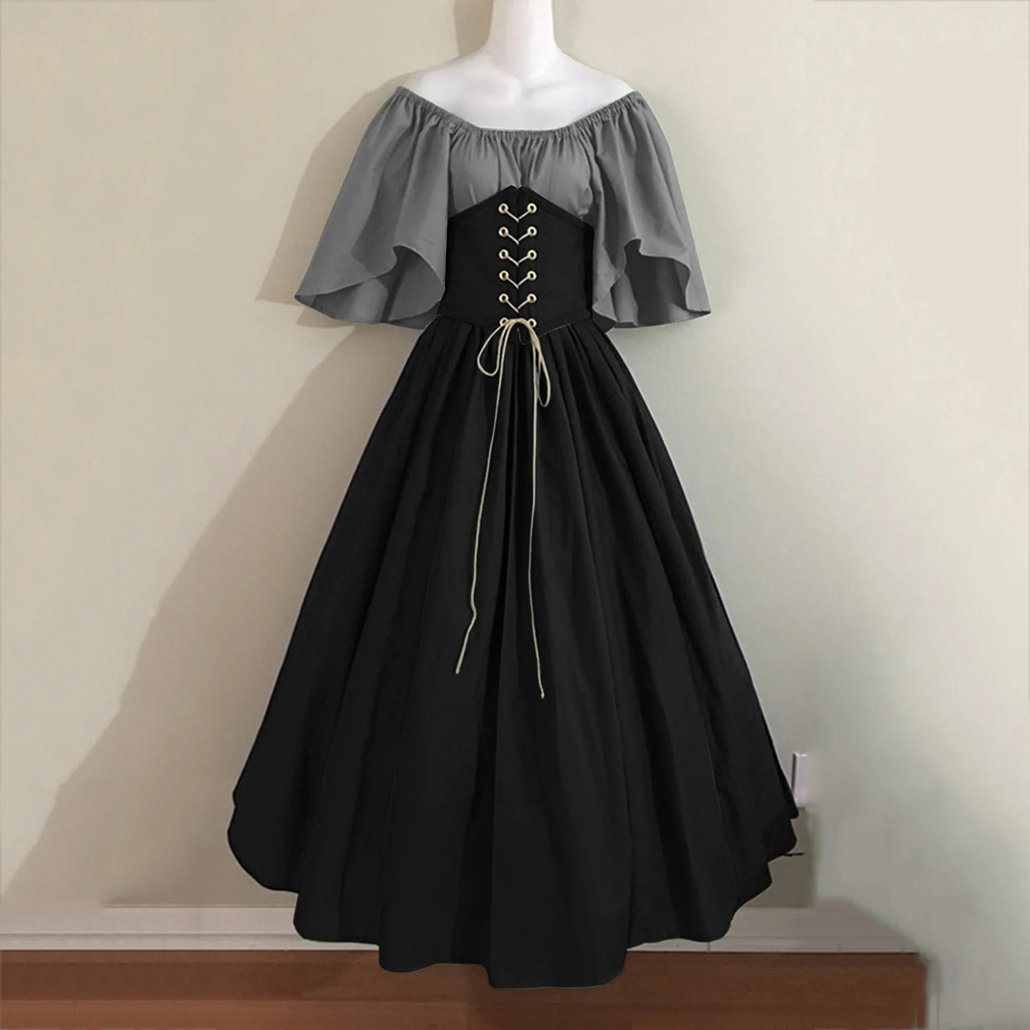Damen Patchwork Mittelalter Renaissance Kleid Halloween Gothic schulterfreies Retro Langes Kleid So ist Leben