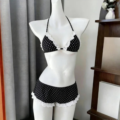 Kawaii Polka Dot Bikini-Set mit Neckholder-Trägern, zweiteiliger Badeanzug für Damen, süßer Stil, Strandparty-Badeanzug So ist Leben