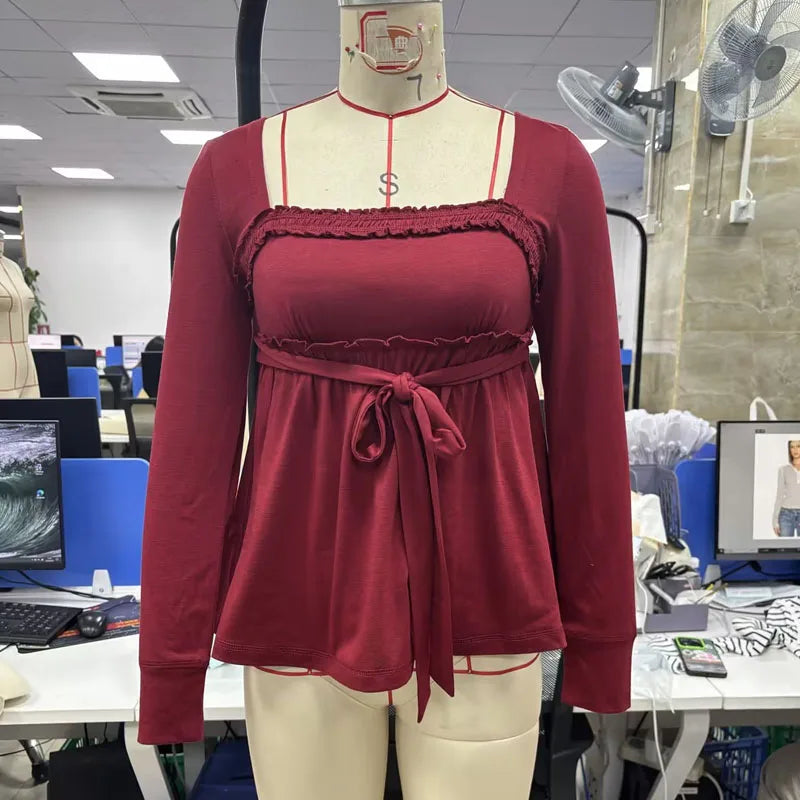 Cottage Fairy Y2k Front Tie-up Milkmaid Tops Damen Babydoll T-Shirt 90er Jahre Vintage Square Collar Langarm Schößchen Bluse T-Shirts So ist Leben