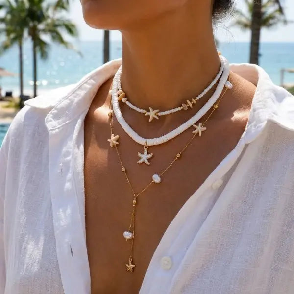 Boho Mehrschichtige Muschel-Seestern-Anhänger-Halskette für Frauen Handgefertigte Perlen-Imitationsperlen-Choker Strandparty-Schmuck Geschenk So ist Leben