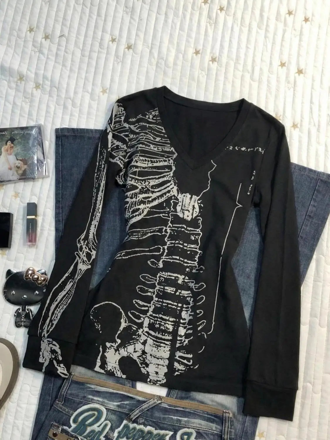 Vintage Totenkopf-Print T-Shirt Y2k 90er Jahre Langarm Goth Punk Ästhetik Harajuku Damenkleidung V-Ausschnitt Slim Hot Girl Grunge Emo Tees So ist Leben