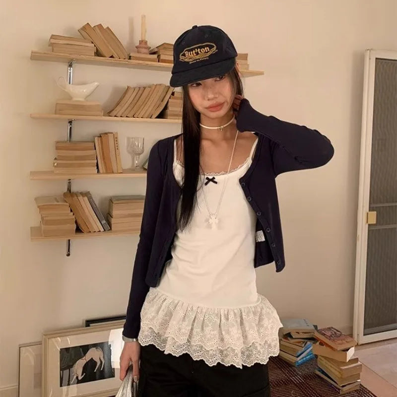 Frauen Patchwork Spitze Weiß Hosenträger Weste Trim Bottom Saum Schicht Dünne Halter Tops Rüschen Rand Haut-freundliche Atmungsaktive Weste So ist Leben