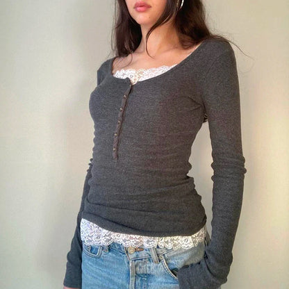 00er Jahre Retro Cottage Grunge T-Shirt Herbst gerippt gestrickt Langarm Slim Fit T-Shirts Y2K Fee 90er Jahre Vintage V-Ausschnitt Crop Tops Damen So ist Leben