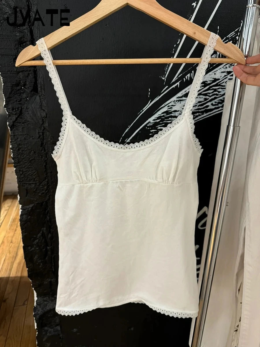 Spitzen-Patchwork Slim Tanktops für Damen, Sommerliche Einfarbige Weiche Baumwoll-Ärmellose Westen, Vintage Chic Süße Y2K Camisole So ist Leben