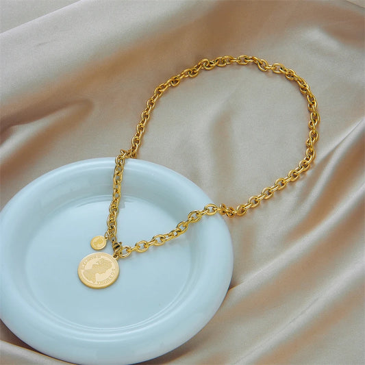 DIEYURO 316L Edelstahl Gold Farbe Hip Hop Runde Porträt Münze Halskette Für Frauen Männer Mode Trend Mädchen Schmuck Geschenk Joyas So ist Leben