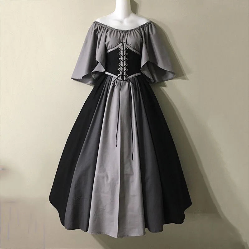 Damen Patchwork Mittelalter Renaissance Kleid Halloween Gothic schulterfreies Retro Langes Kleid So ist Leben