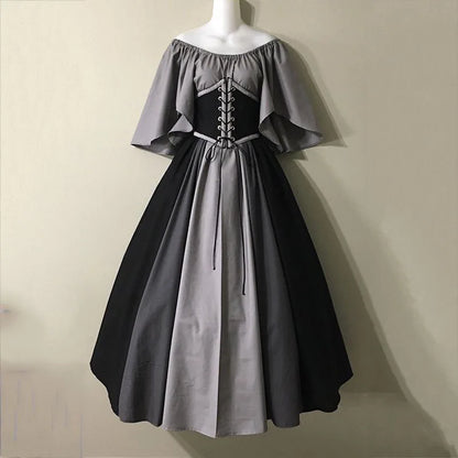 Damen Patchwork Mittelalter Renaissance Kleid Halloween Gothic schulterfreies Retro Langes Kleid So ist Leben