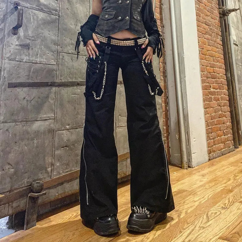 Frauen Hosen Hip Hop Hohe Taille Bandage Streetwear Niet Hosen Goth Dark Gothic Grunge Schwarz Hosen Harajuku Punk Breite Bein So ist Leben