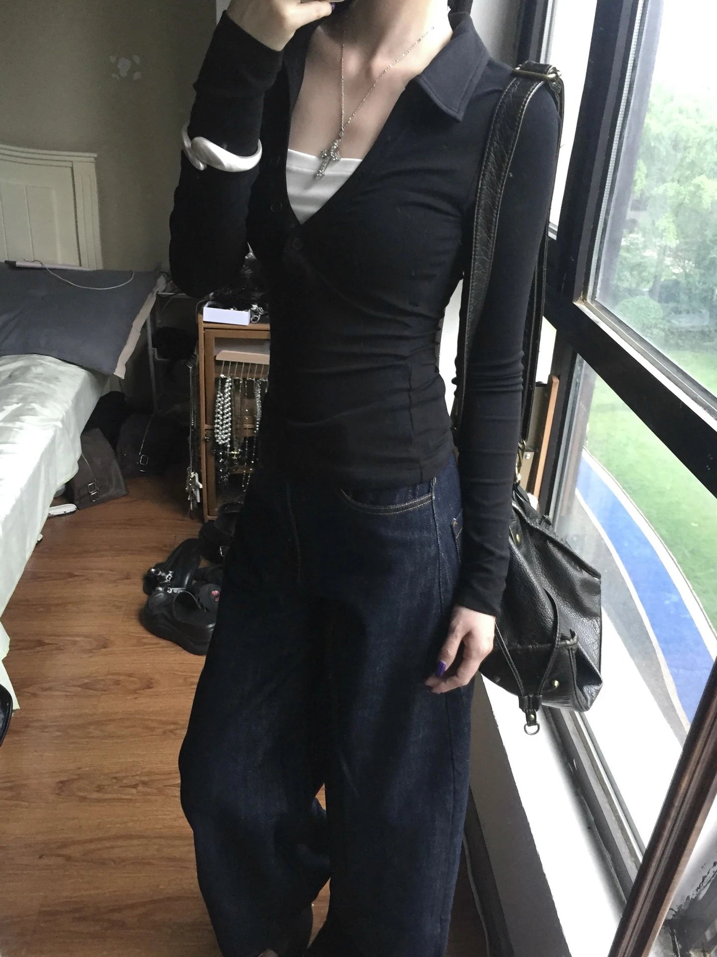 Genayooa American Retro Fake Two Pieces Tops Langarm Skinny Y2k Japanisches T-Shirt Damen Herbst 2000er Grunge Tops T-Shirt E-Girls So ist Leben