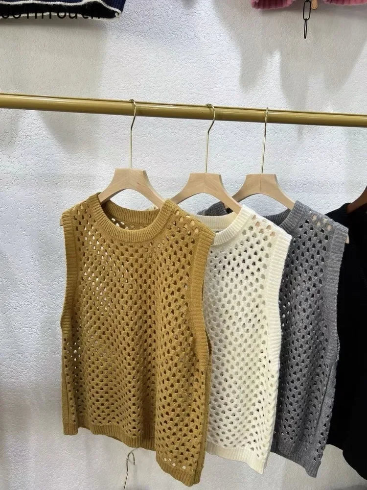 Vintage Stricken Pullover Weste frauen Kleidung Oansatz Ärmel Lose Tanks Aushöhlen Casual Chic Crop Tops 2025, Ropa Mujer So ist Leben