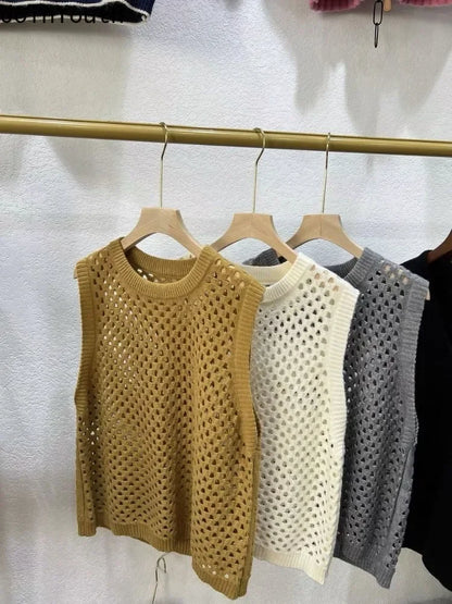 Vintage Stricken Pullover Weste frauen Kleidung Oansatz Ärmel Lose Tanks Aushöhlen Casual Chic Crop Tops 2025, Ropa Mujer So ist Leben