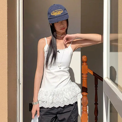 Frauen Patchwork Spitze Weiß Hosenträger Weste Trim Bottom Saum Schicht Dünne Halter Tops Rüschen Rand Haut-freundliche Atmungsaktive Weste So ist Leben