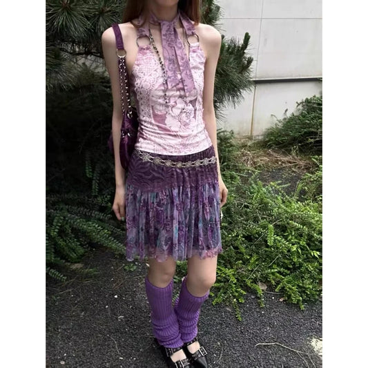 Genayooa Gothic Print Neckholder Tops Ärmellose Schnürung Crop Tops Y2k Vintage Tank Tops 2000er Jahre Japanische Fairycore Streetwear Sommer So ist Leben