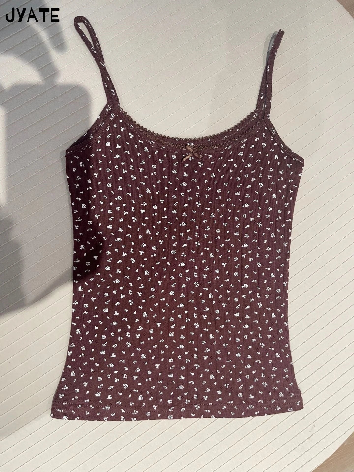 Süße Blumendruck Öse Schleife abgeschnittene Westen Frauen Baumwolle beiläufige dünne Spitzenbesatz Tank Tops Vintage Adrette süße Leibchen Y2K So ist Leben