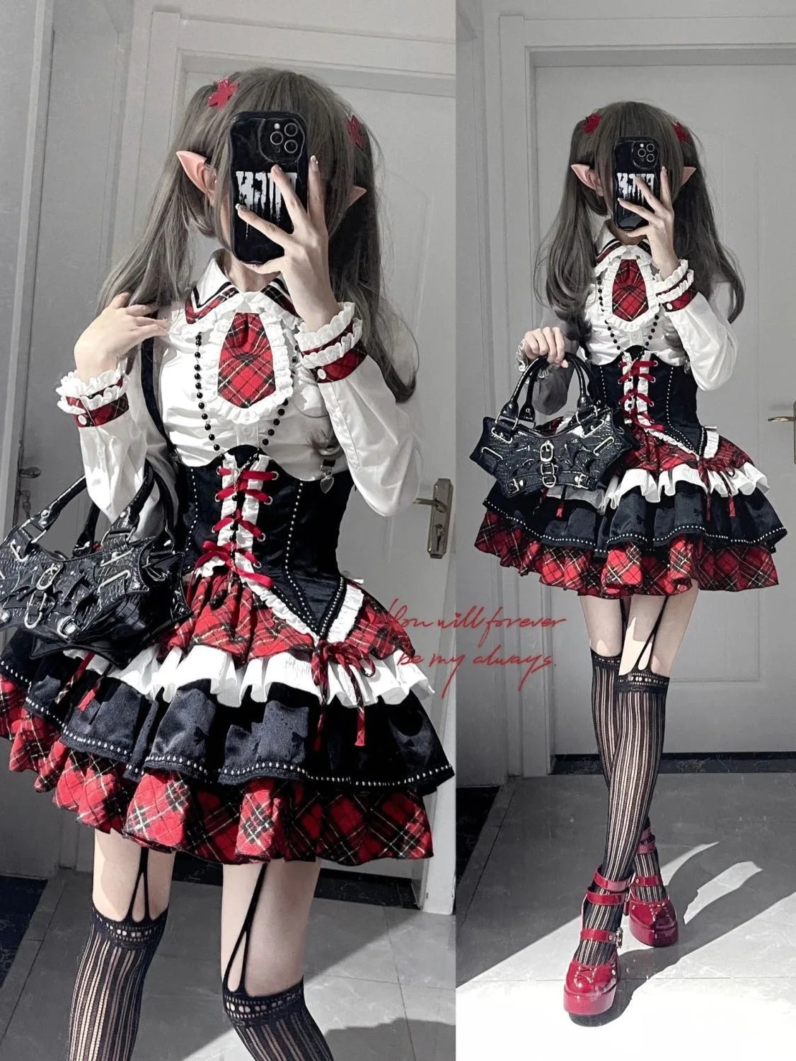 Gothic Harajuku 2-teiliges Set Damen Vintage Y2k Crop Top Bluse + Schwarz Hohe Taille Retro Rock Gürtel Party Vintage Sets Chic So ist Leben