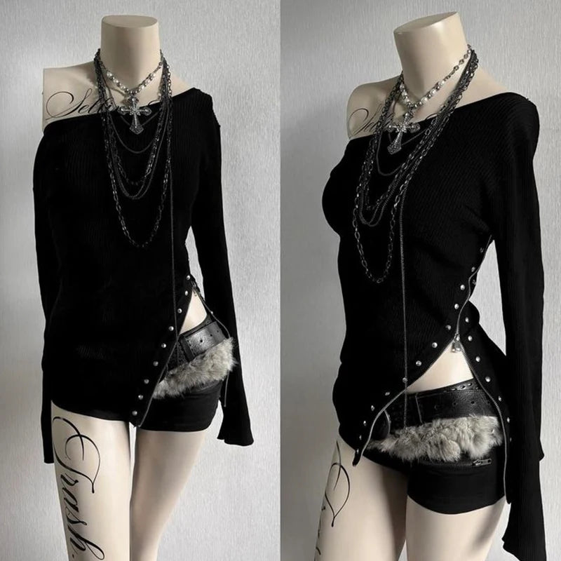Gothic Y2K Damen Langarm T-Shirt Sexy Slim Fit Chic Slash Neck Zipper Design Crop Top Rock Punk Hip Hop Damen Streetwear So ist Leben