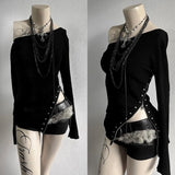 Gothic Y2K Damen Langarm T-Shirt Sexy Slim Fit Chic Slash Neck Zipper Design Crop Top Rock Punk Hip Hop Damen Streetwear So ist Leben