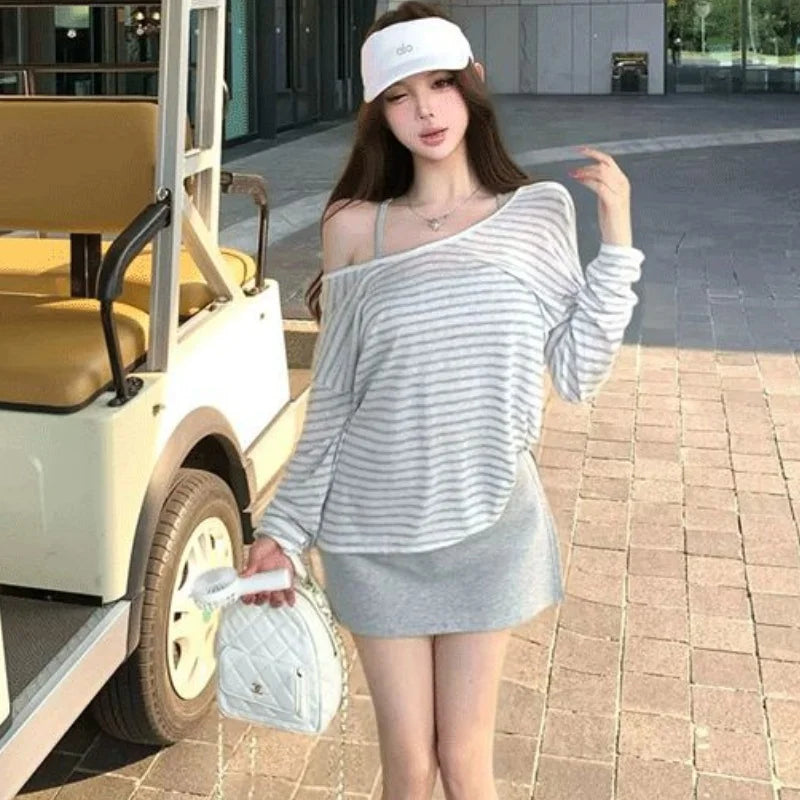 Damen Neues Sommer Gestreiftes Langarm-Sonnenschutz-T-Shirt Locker Sitzend Koreanischer Vielseitiger Lässiger Allround-Oberteil So ist Leben