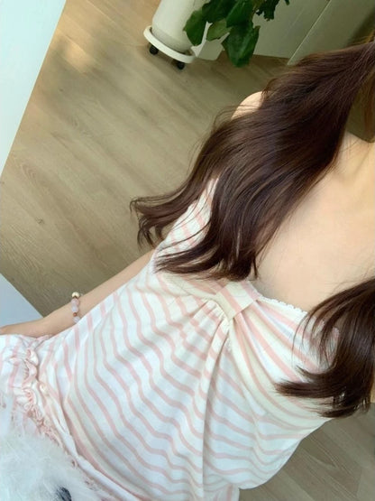 Deeptown Japanische Süße Camis Frauen Kawaii Gestreifte Rosa Schleife Ärmellose Weste Coquette Mode Niedlichen Sommer Slim Up Rüschen Tanks So ist Leben