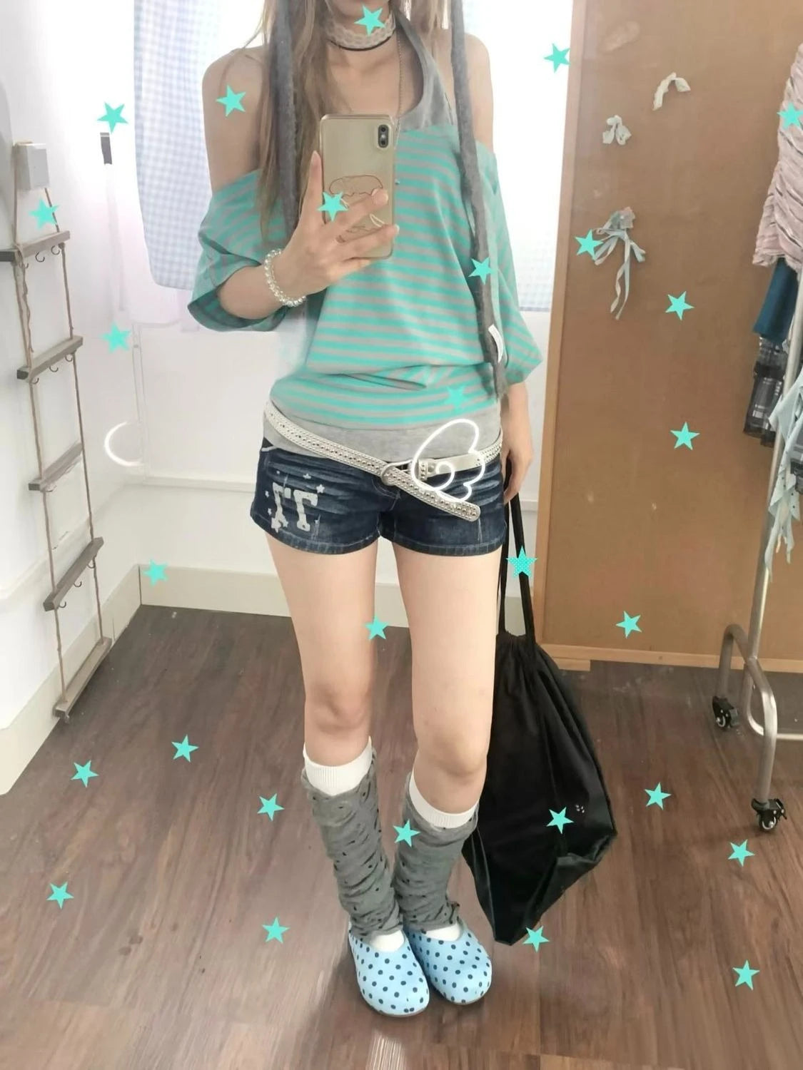 Koreanische süße gestreifte Fake-Two-Tops für Damen, schulterfrei, Vintage, amerikanischer Stil, kurzärmelig, schick, lässig, für den Alltag, Sommer-T-Shirts So ist Leben