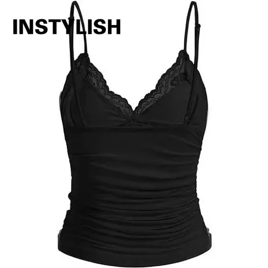 Damen Y2K Spitzen-V-Ausschnitt Spaghetti-Träger Camisole Top Slim Fit Schleife Ärmelloses Tanktop Sommer Sexy Streetwear Lässige Ausgehweste So ist Leben