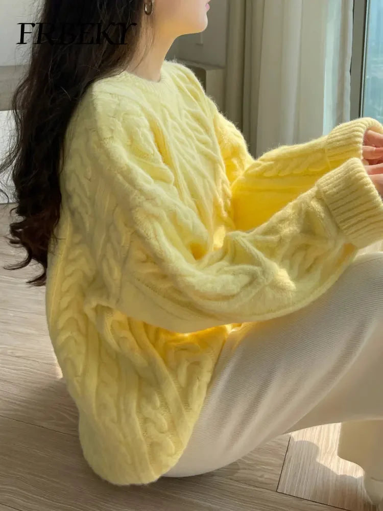 Pullover Frau Winter 2023 Rundhals Bodenbildung Twist Pullover Faul Wind Lose Beiläufige Stricken Pullover Langarm Pullover Jumper So ist Leben