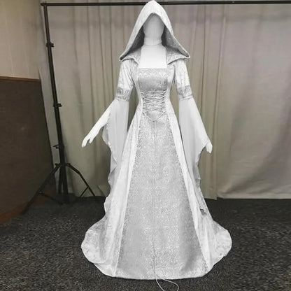 Frauen Deluxe Hexen kleid mittelalter liche Renaissance Maxi Zug Kleid Halloween Teufel heid nische Hexe Hochzeit cos Kostüm Kapuzen kleid Robe So ist Leben