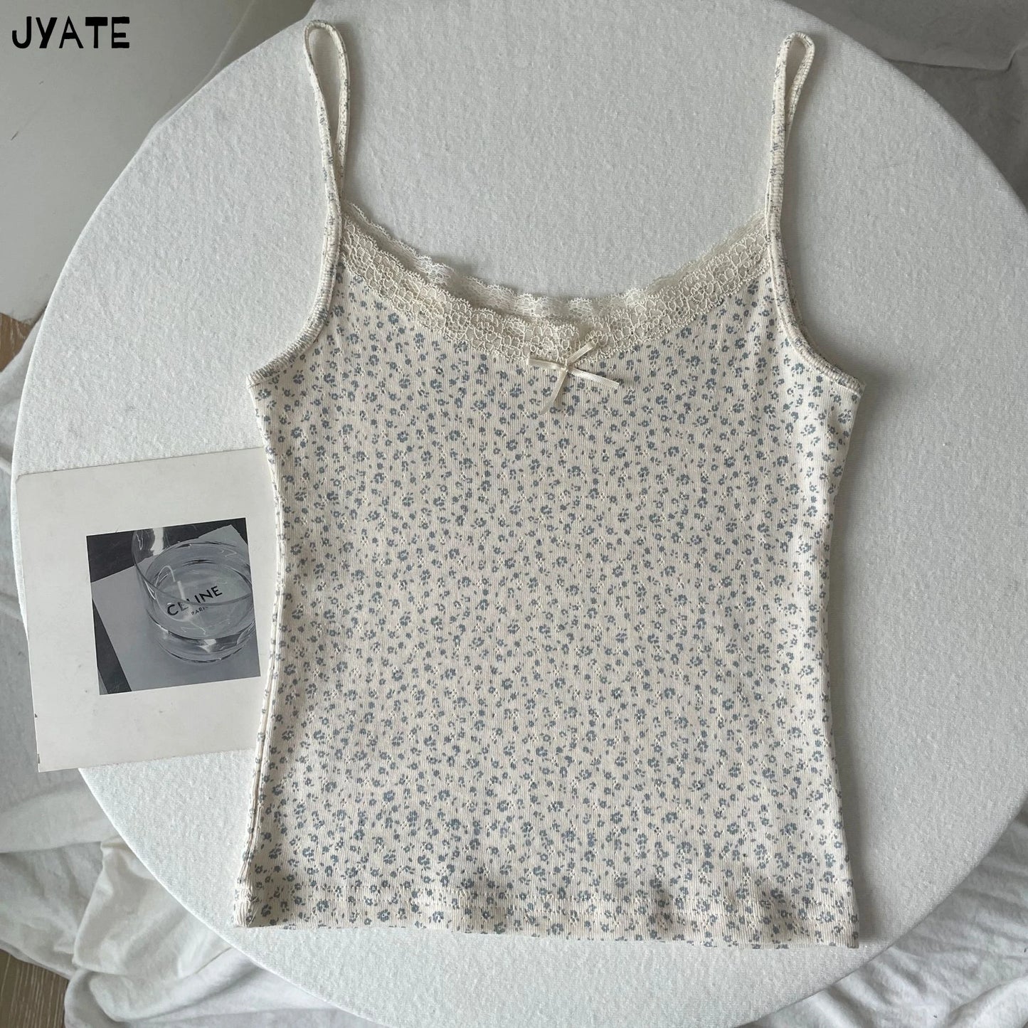 Süße Blumendruck Öse Schleife abgeschnittene Westen Frauen Baumwolle beiläufige dünne Spitzenbesatz Tank Tops Vintage Adrette süße Leibchen Y2K So ist Leben