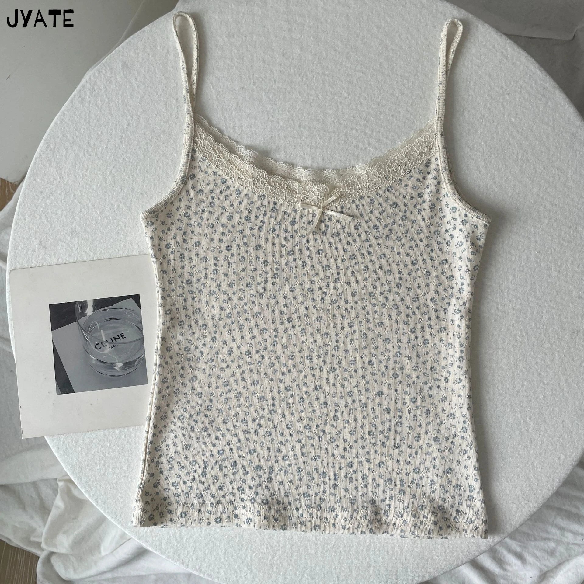 Süße Blumendruck Öse Schleife abgeschnittene Westen Frauen Baumwolle beiläufige dünne Spitzenbesatz Tank Tops Vintage Adrette süße Leibchen Y2K So ist Leben