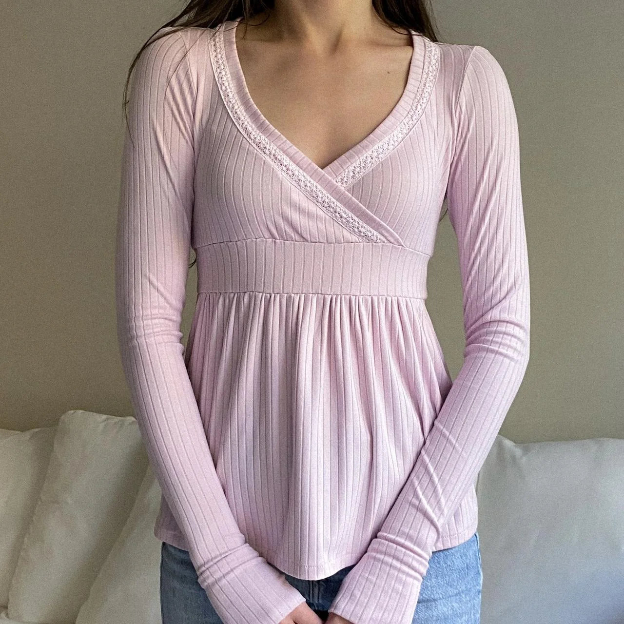 Frauen Fee Y2k Cottage T-shirt Kokette V-ausschnitt Langarm Babydoll Tees Herbst Frühling Casual Pullover Tops Vintage Kleidung So ist Leben