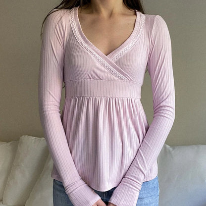 Frauen Fee Y2k Cottage T-shirt Kokette V-ausschnitt Langarm Babydoll Tees Herbst Frühling Casual Pullover Tops Vintage Kleidung So ist Leben