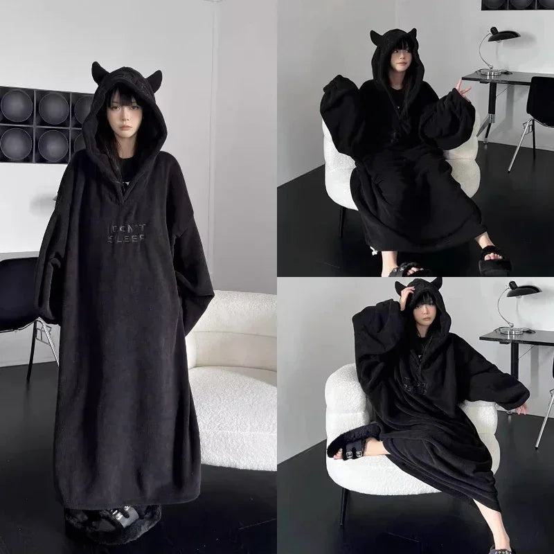 Verdickter, gepolsterter, warmer Pyjama, einfarbig, Homewear, lockeres Kapuzenkleid, Imp-Paar-Robe, Herbst und Winter, einteiliger Pyjama für Studenten So ist Leben