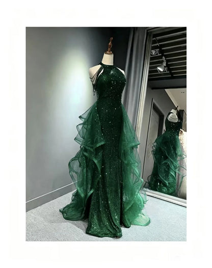 Elegante funkelnde marineblaue Abendkleider, Halt-Perlen-Partykleid, maßgeschneidertes Ballkleid 2025, abgestufte Roben de Soirée, Sweep-Zug So ist Leben