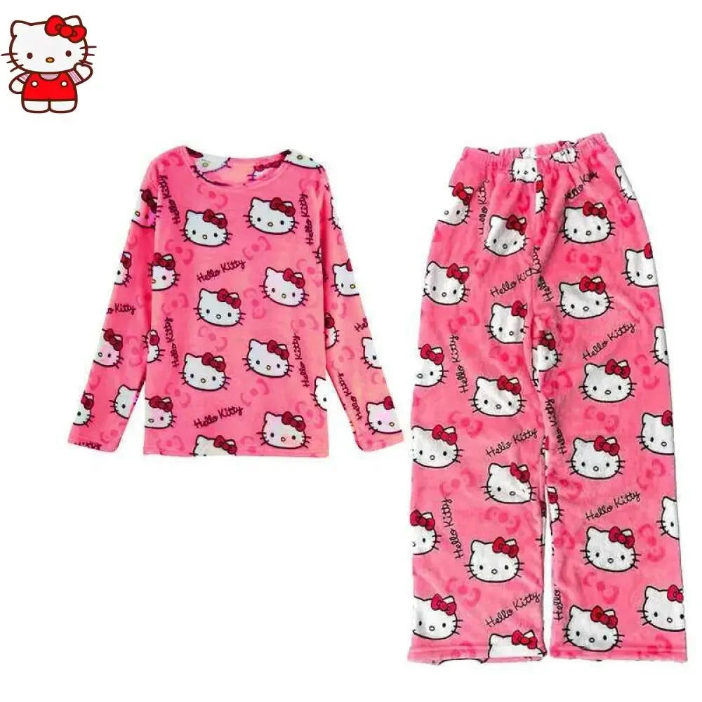 Anime Hello Kitty Plüsch-Pyjama-Anzug für Damen, Cartoon-Flanell, langärmelig, Homewear, Winter, Mädchen, warme Tops, Pannts, zweiteiliges Set - So ist Leben