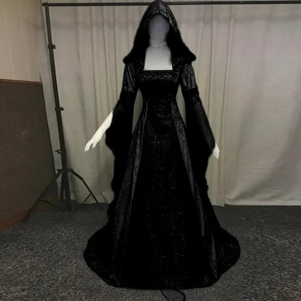 Frauen Deluxe Hexen kleid mittelalter liche Renaissance Maxi Zug Kleid Halloween Teufel heid nische Hexe Hochzeit cos Kostüm Kapuzen kleid Robe So ist Leben