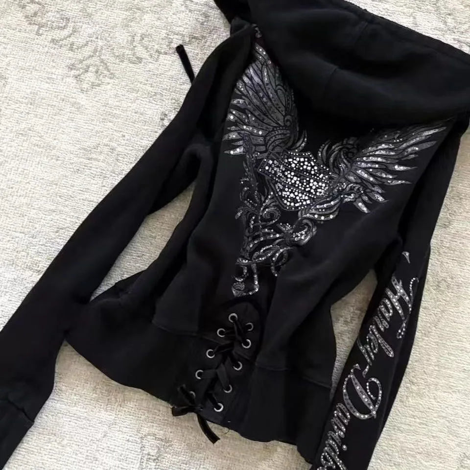 Y2K Gothic Kordelzug Design Schwarz Reißverschluss Sweatshirt Damen Jacke Mantel Harajuku Brief Grafik Sexy Slim Hoodie Herbst Kleidung So ist Leben