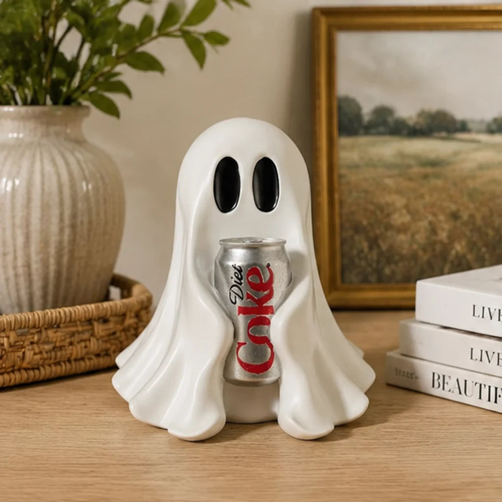 Lustige Geisterfigur mit Getränkedose aus Kunstharz, Halloween-Schreibtischdekoration, Niedliche Gruselige Raumverzierung, Geschenk für Heim- und Bürodekoration So ist Leben