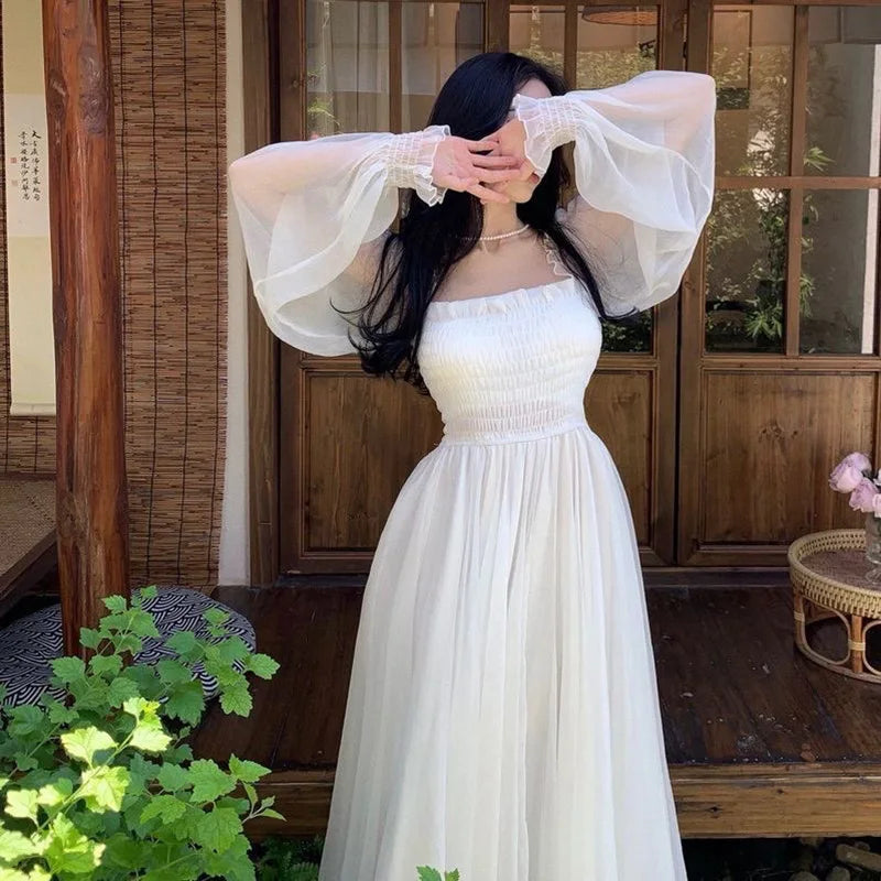 Strandurlaub Partykleid Damen Elegantes Weißes Feenhaftes Chiffon Langes Kleid Damen Süßes Schulterfreies Boho Maxikleid So ist Leben