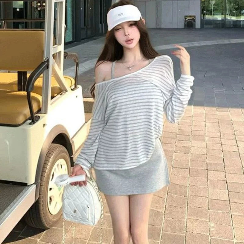 Damen Neues Sommer Gestreiftes Langarm-Sonnenschutz-T-Shirt Locker Sitzend Koreanischer Vielseitiger Lässiger Allround-Oberteil So ist Leben
