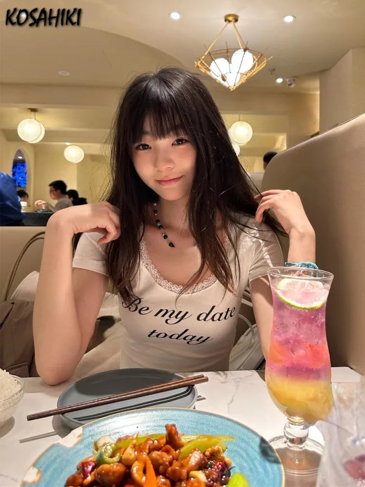 Harajuku u Hals Spitze süße Ernte T-Shirts Frauen schlanken Brief druck y2k ästhetische T-Shirts lässig Vintage Grunge Bottom ing T-Shirts So ist Leben