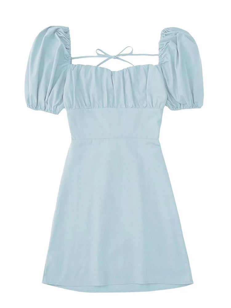 Frauen weiße Mode Leinen mischung Kleid weibliche quadratische Hals kurze Puff ärmel rücken freie Crossover-Träger Kleid für Frauen So ist Leben