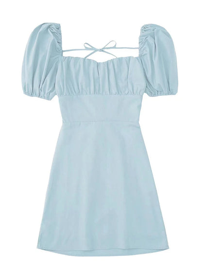 Frauen weiße Mode Leinen mischung Kleid weibliche quadratische Hals kurze Puff ärmel rücken freie Crossover-Träger Kleid für Frauen So ist Leben