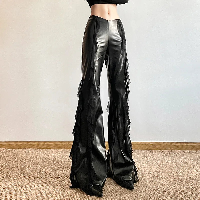 Goth Dark Streetwear Faux Pu Patchwork Mesh Hose mit hoher Taille Mall Gothic Zip Frauen Casual Flare Hosen Punk-Stil Alt Bottoms So ist Leben