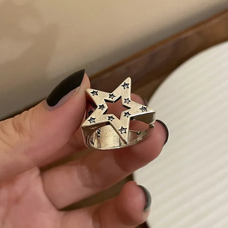 Vintage Unregelmäßige Kreuz Stern Offenen Ring für Frauen Männer Punk Gothic Silber Farbe Einstellbar Paar Ringe Y2K Egirl Schmuck Geschenk So ist Leben