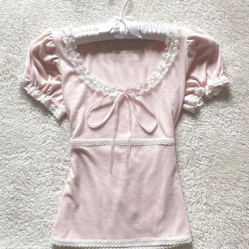 Deeptown Coquette Süße T-shirts Frauen Rosa Kawaii Bogen Elegante Kurzarm T-shirts Koreanische Mode Spitze Patchwork Dünne T-Shirts So ist Leben