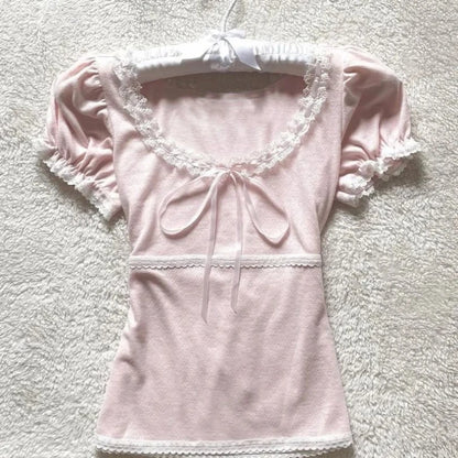Deeptown Coquette Süße T-shirts Frauen Rosa Kawaii Bogen Elegante Kurzarm T-shirts Koreanische Mode Spitze Patchwork Dünne T-Shirts So ist Leben