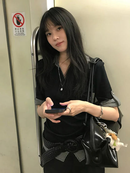 Genayooa American Retro Patchwork Shirt Damen Halbarm Freizeithemden Y2k Vintage Fake Two Pieces Tops Japanische 2000er Jahre T-Shirts So ist Leben