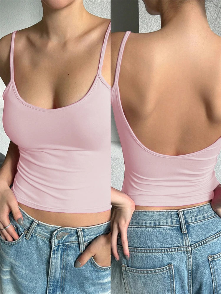 Frauen Backless Cami Crop Top Sommer Einfarbig Casual Ärmelloses Top Streetwear Y2K Kleidung So ist Leben