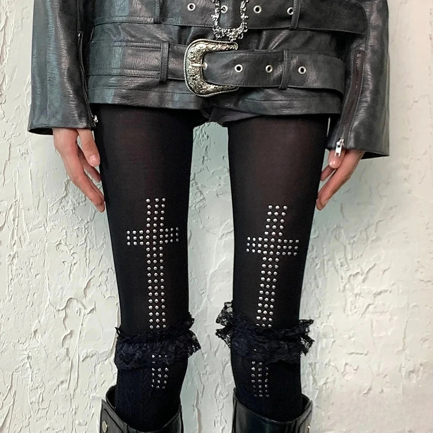 Gothic Vintage Strass Kreuz Strumpfhosen Hosen Spicy Girls Schwarz Ästhetik Hip-Hop Straße Casual Frauen Y2K Cosplay Strumpfhosen So ist Leben