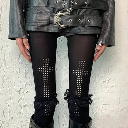 Gothic Vintage Strass Kreuz Strumpfhosen Hosen Spicy Girls Schwarz Ästhetik Hip-Hop Straße Casual Frauen Y2K Cosplay Strumpfhosen So ist Leben